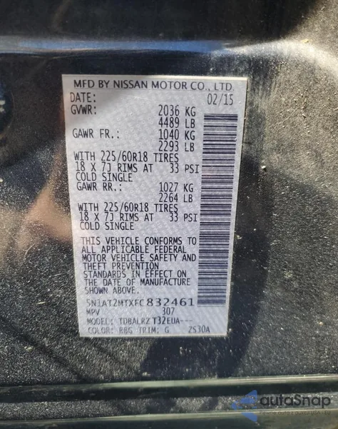 2015 Nissan Rogue S z USA, uszkodzony, nr VIN 5N1AT2MTXFC832461